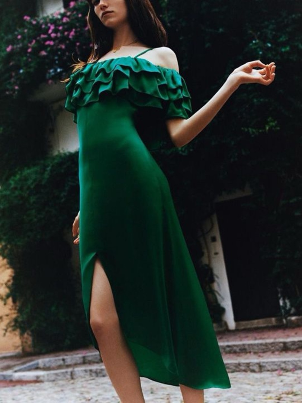 Maje Green Satin Ruffled Rovanta Midi Dress size 2